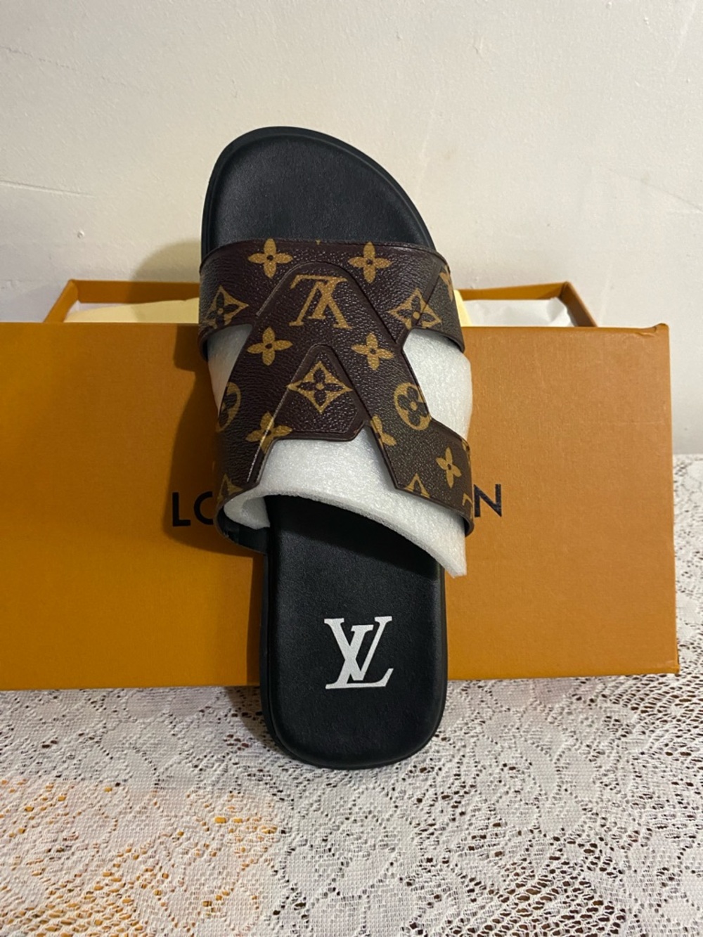 Louis Vuitton Brown Monogram Cross-Strap Slide with Black Footbed